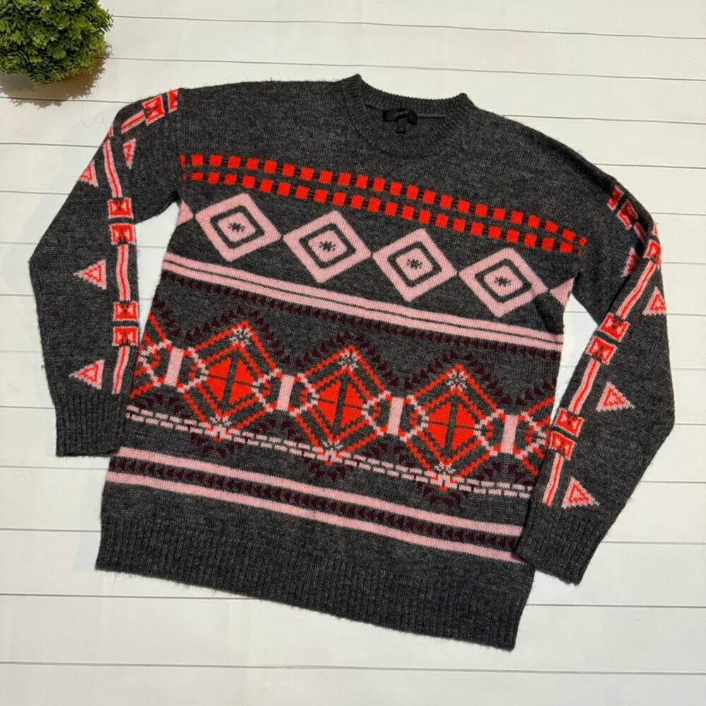 J Crew Wool Mohair Blend Aztec Tribal Southwest Print Crewneck Sweater‎ Small